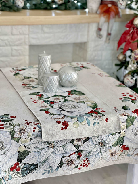 Bieżnik na stół świąteczny gobelinowy «OTILIA» (Ze srebrną lureksową nitką)