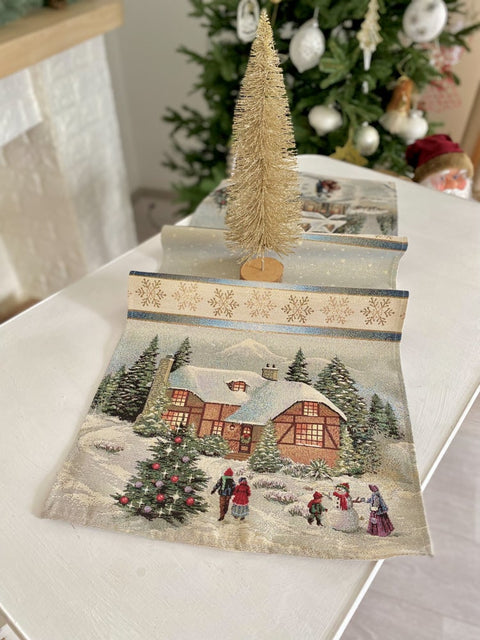 Bieżnik na stół świąteczny gobelinowy "Wigilia w Tatrach" (Ze złotą lureksową nitką)